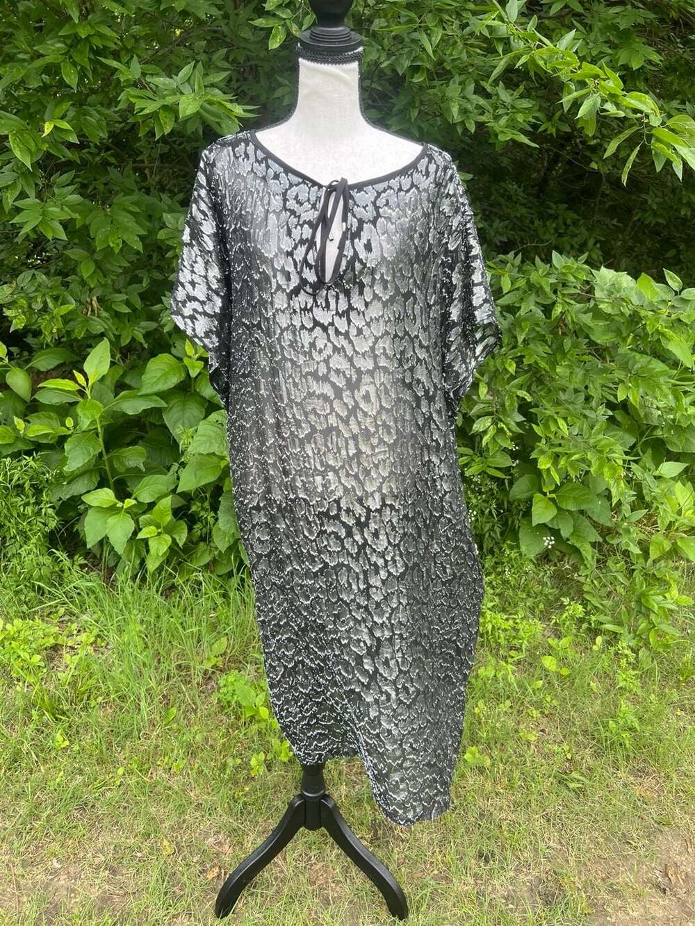 Trina Turk Metallic Silver Leopard Print Kaftan Cover-Up One Size